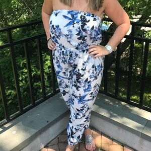 Oasis Floral Strapless Jumpsuit - Blue and White